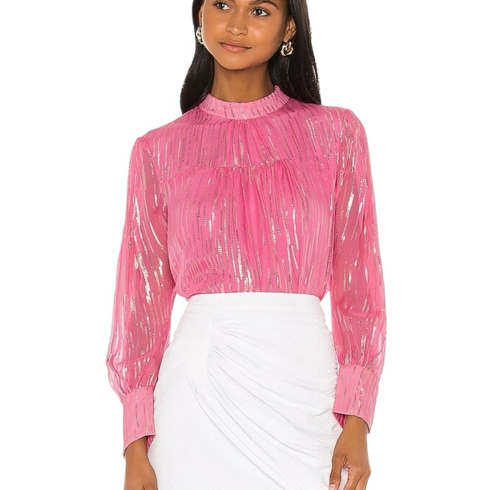 Birgitte Herskind Pink with Gold Sparkle Long-Sleeve Mock Neck Ilsa Blouse